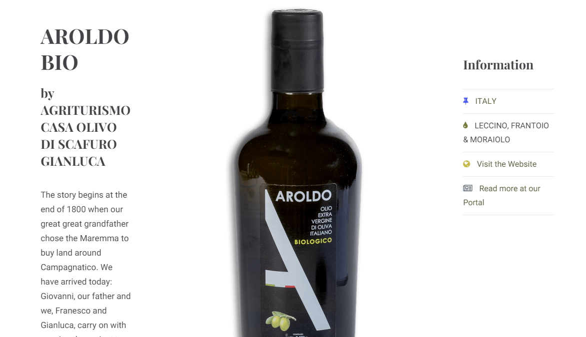 Premio d'argento per l'olio di oliva Aroldo Bio al London IOOC 2020