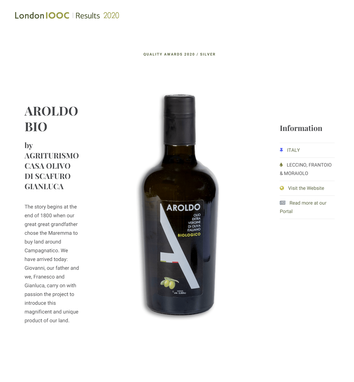 Premio d'argento per l'olio di oliva Aroldo Bio al London IOOC 2020
